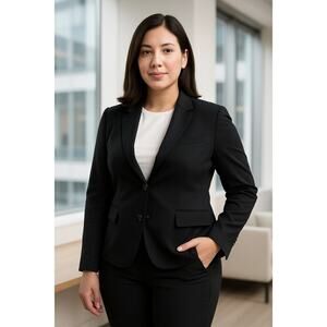 Theory Blazer Jacket Size 6 Black Cotton Blend Tailored Two Button Lined Work